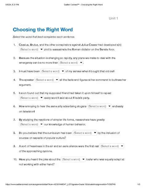 Choosing the Right Word for Each Definition