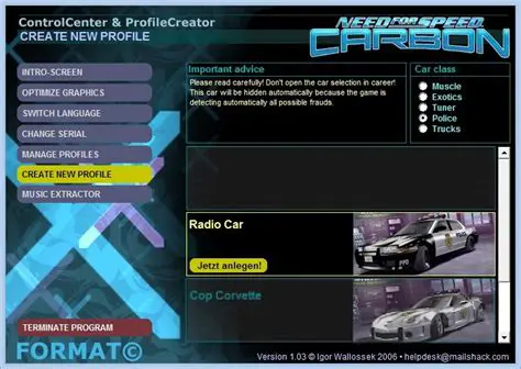 Features of the NFS Carbon Control Panel