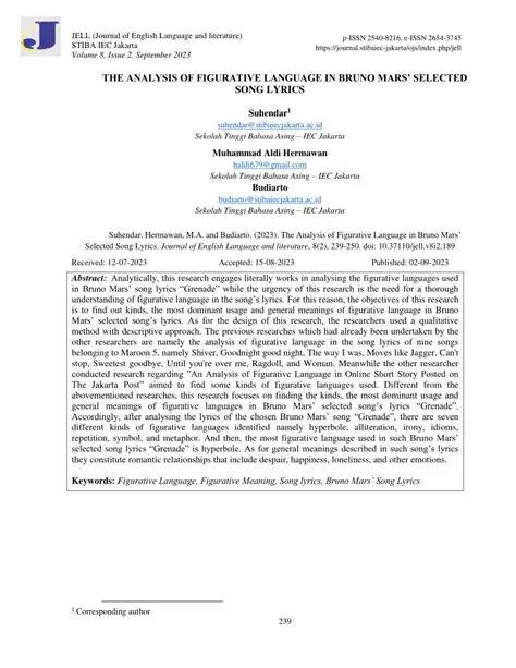 Figurative Expressions Used by Bruno Mars in His Ten Selected Song Lyrics