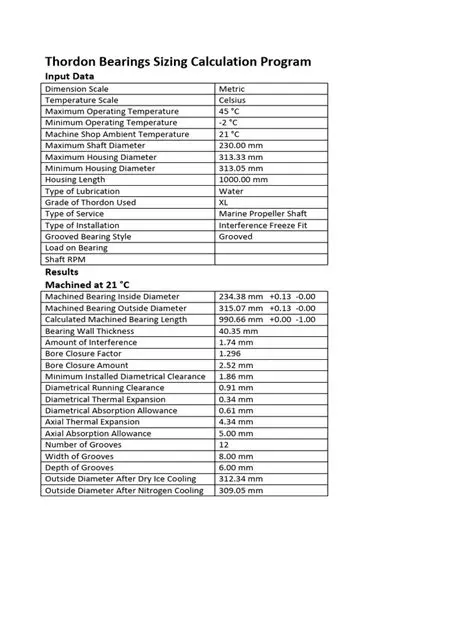 Key Features of the Thordon Bearings Sizing Calculation Program