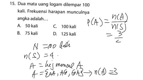 Menghitung Frekuensi Harapan Munculnya Dua Angka Satu Gambar pada Pelemparan 3 Uang Logam
