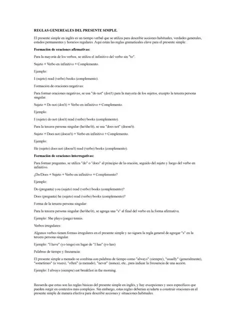 Reglas generales del presente simple