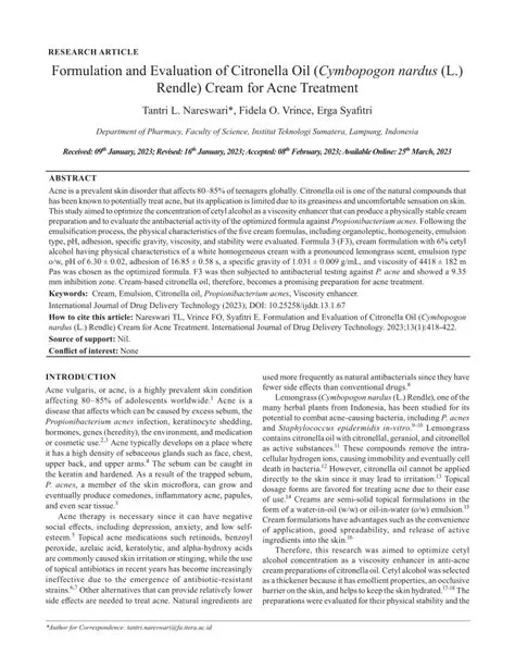 The Process of Formulation and Evaluation of Citronella Oil Cream
